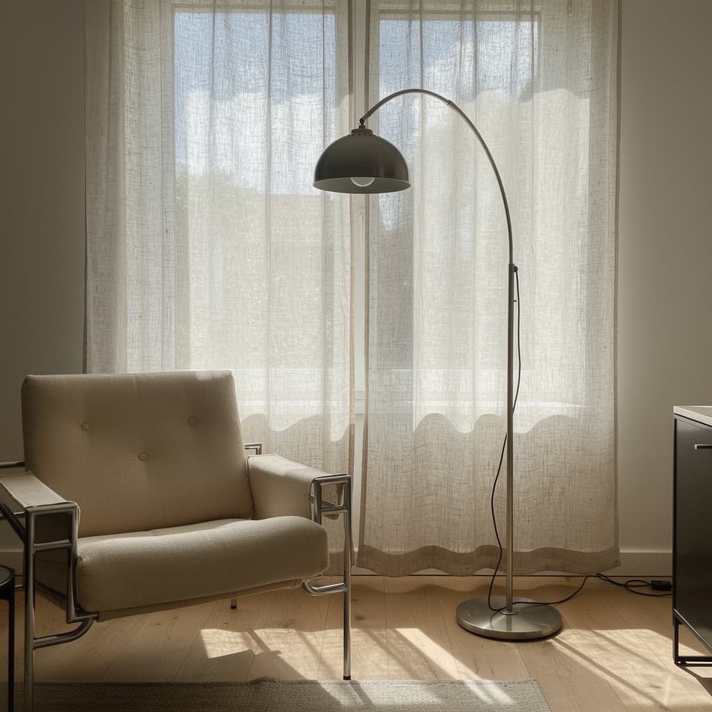 AI generated: mid-sized living room with a candid angle, dieter rams 620 chair program, flos arco floor lamp, Niko...