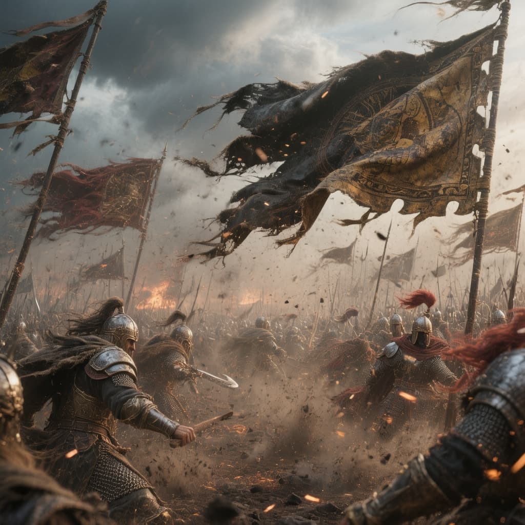 AI generated: Epic fantasy medieval battlefield after a massive war. Strong wind blowing across the scene, violent...