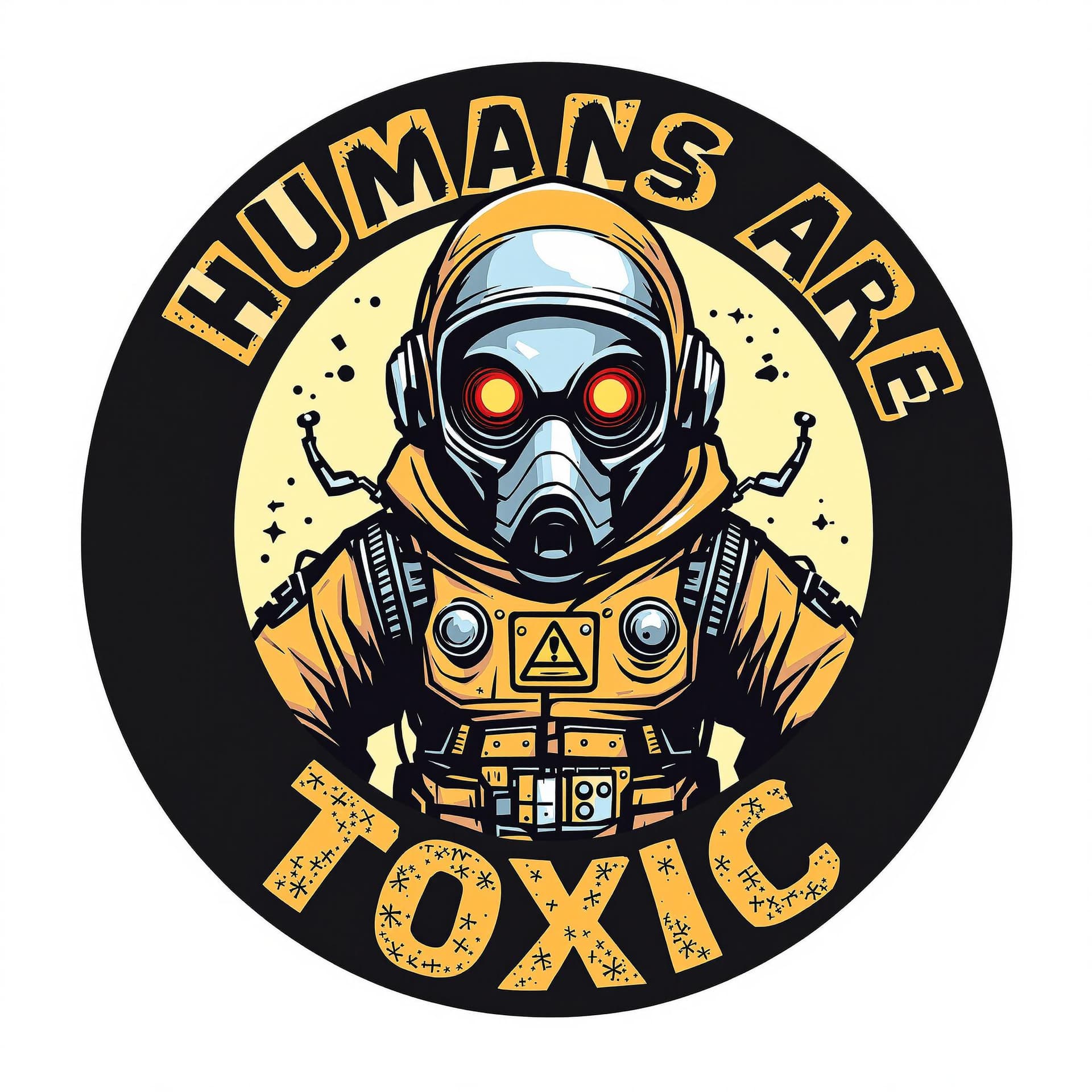 AI generated: a logo of a crazed yet fun loving Robot in a hazmat suit, in the center of a circle, with the words ...