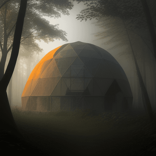 AI generated: Geodesic dome in forest in early morning mist