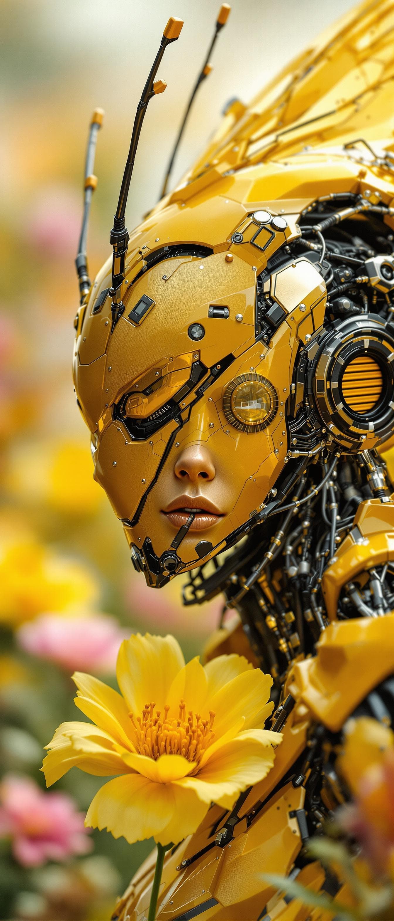 AI generated: complex 3d render ultra detailed of a beautiful yellow and black metal Honeybee android face and bod...