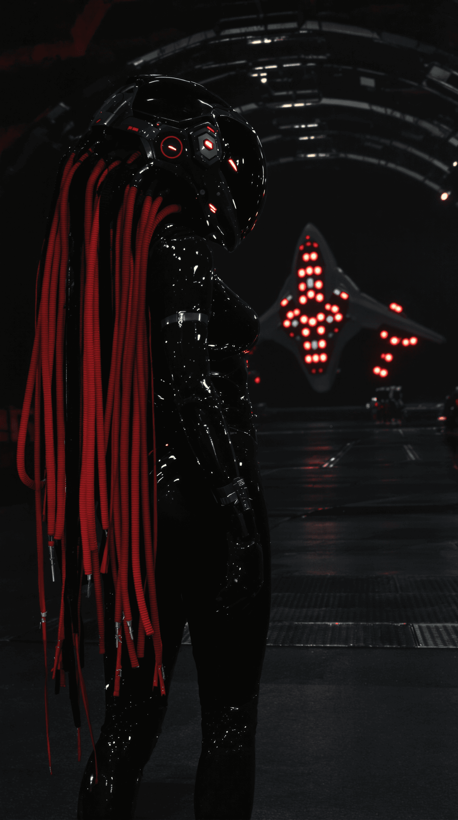 AI generated: A futuristic theam: She's standing in a dark hangar looking on a spaceship in the bacground, all dre...