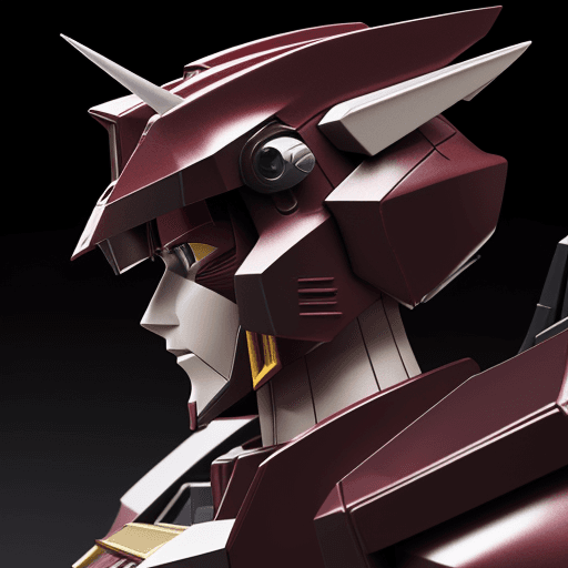 AI generated: 3d rendering, Gundam bust, side view, chrome texture sleek, solid deep burgundy color backdrop, stud...