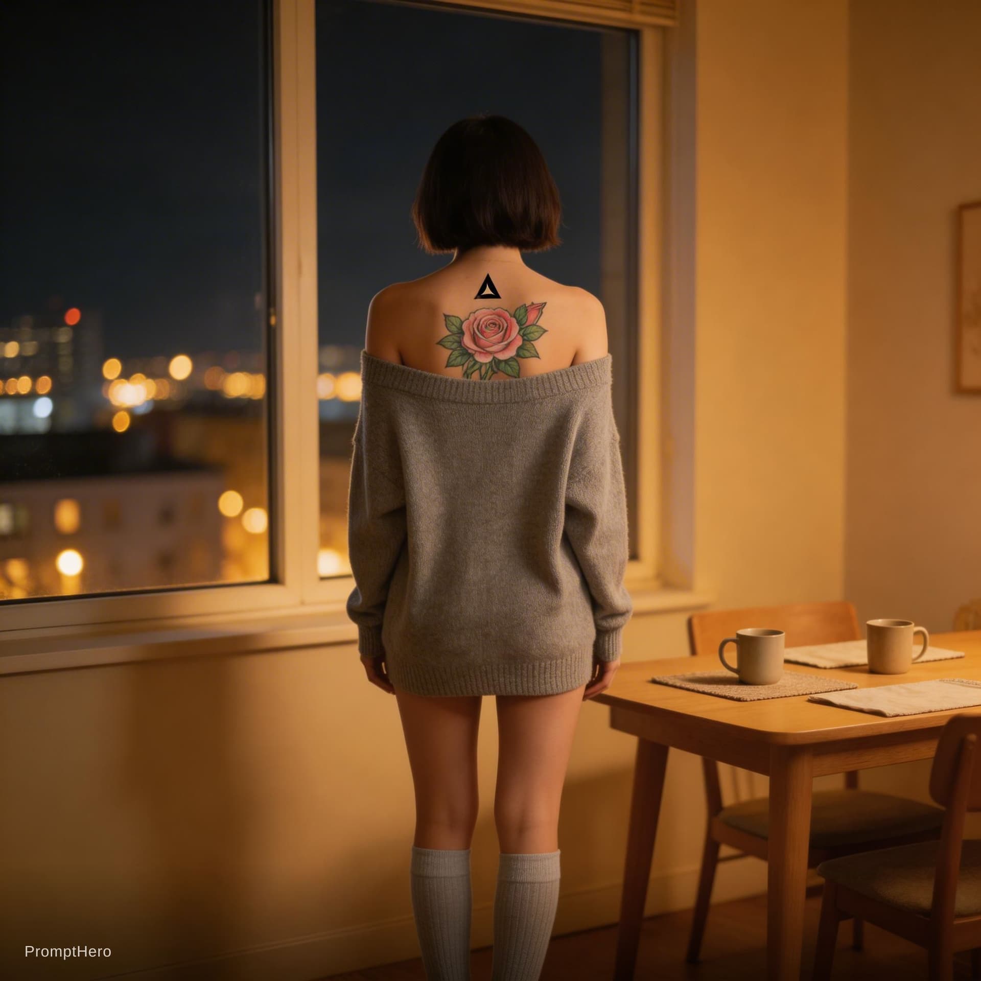 AI generated: A cozy, intimate evening apartment scene. A woman with a short dark bob haircut stands with her back...
