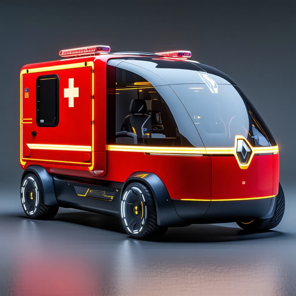 AI generated: Future french ambulance, renault, concept, red, yellow reflective stripes, full case at the rear for...
