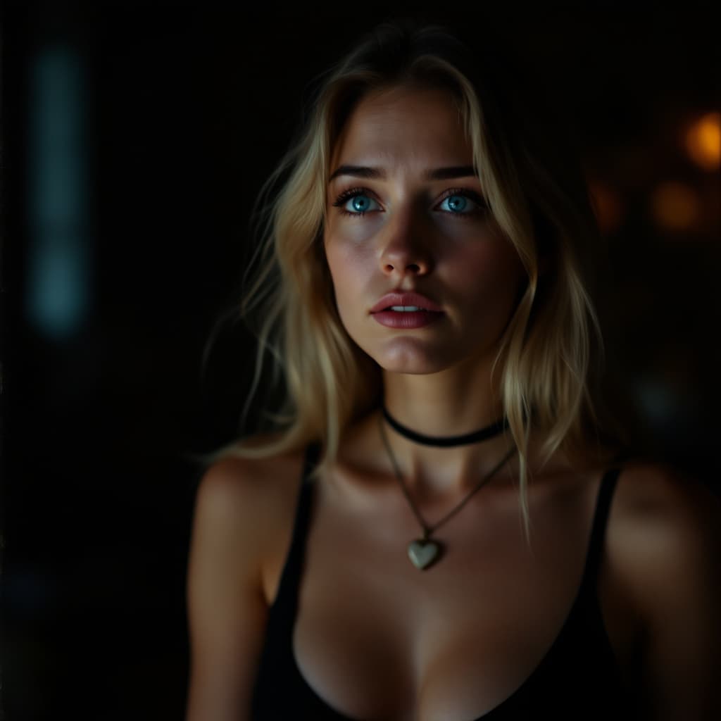 AI generated: A woman with long blonde hair and striking blue eyes, adorned with a choker necklace featuring a hea...