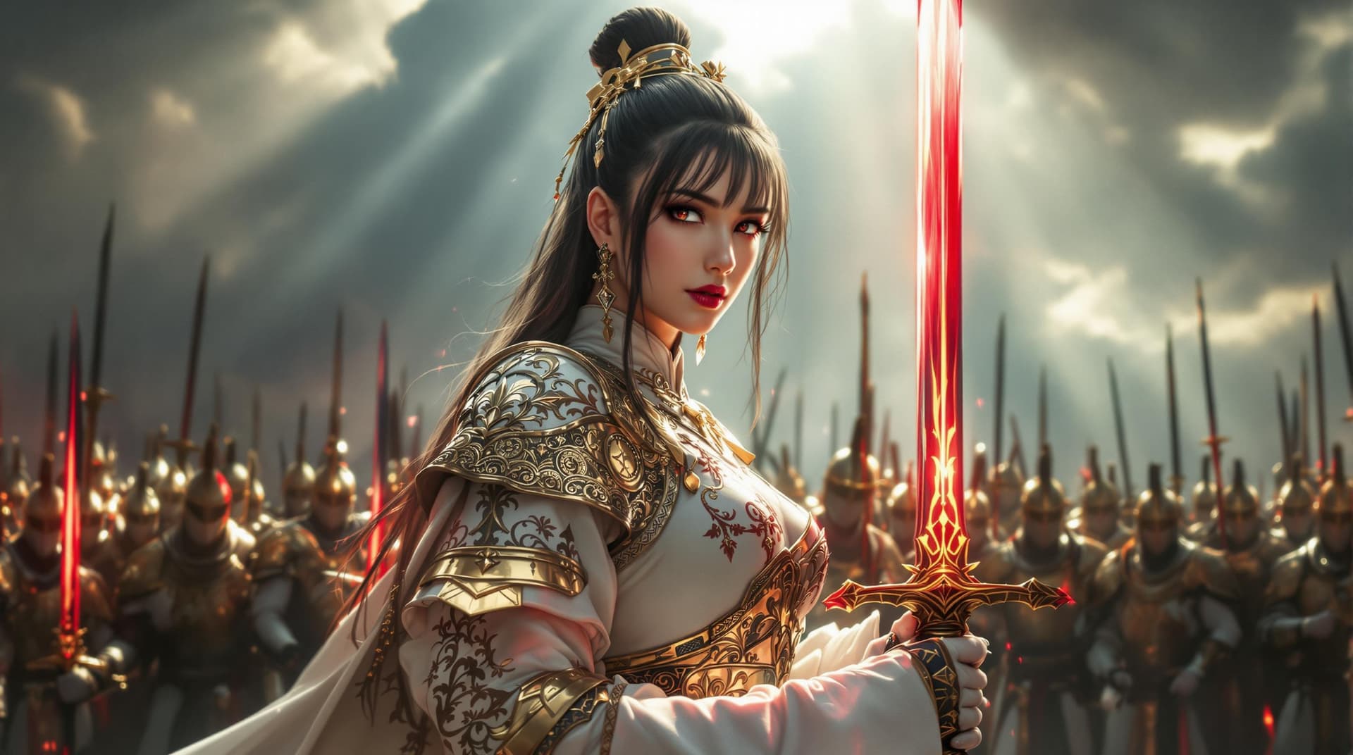AI generated: Female oriental knight in full armour, white with gold embellishments, bangs, earrings, holding a le...