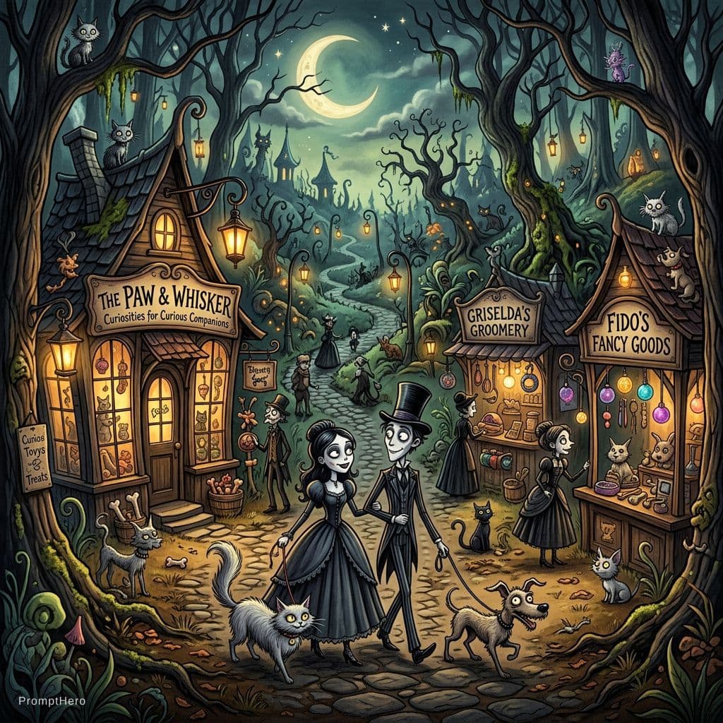 AI generated: Tim burton style fairytale like feel with a big forest with tim burton style cats and dogs and peopl...