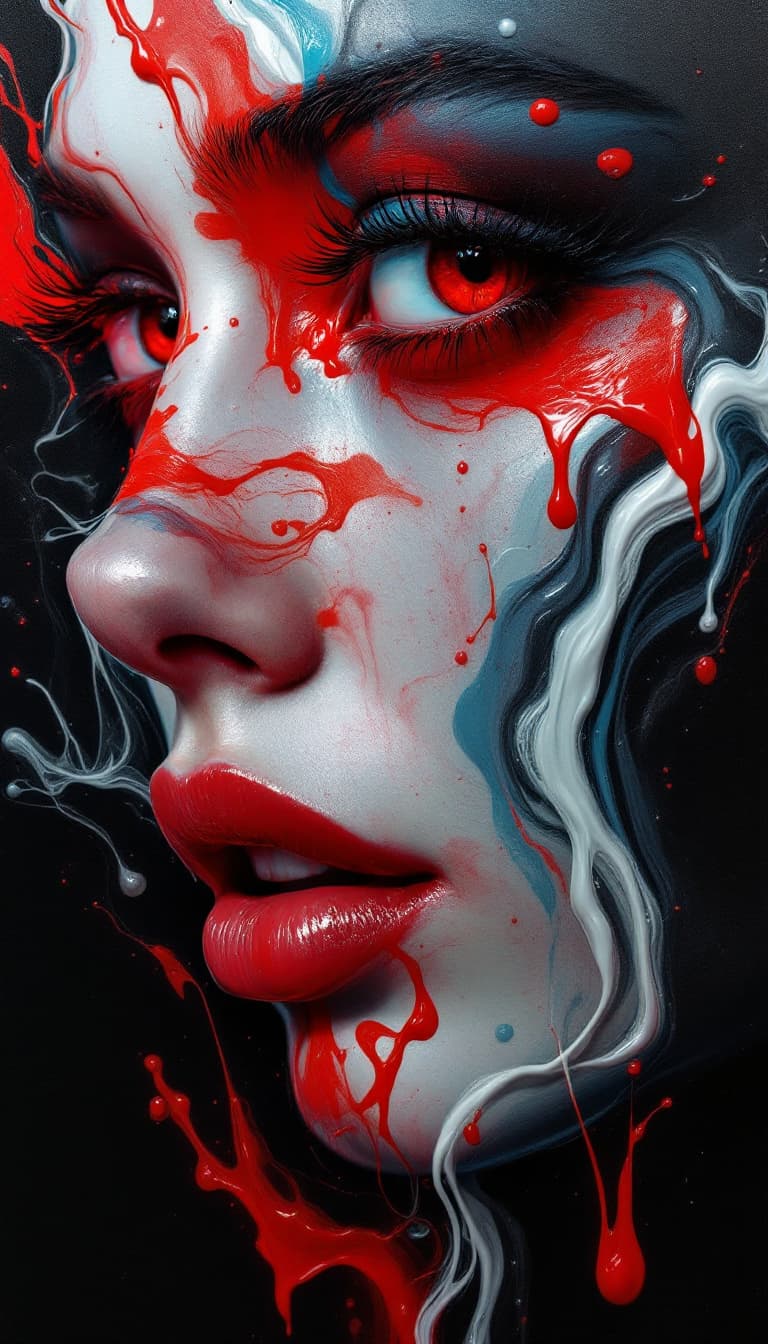 AI generated: A woman's face with red and blue paint on a dark black background in the style of fluid art. Red eye...
