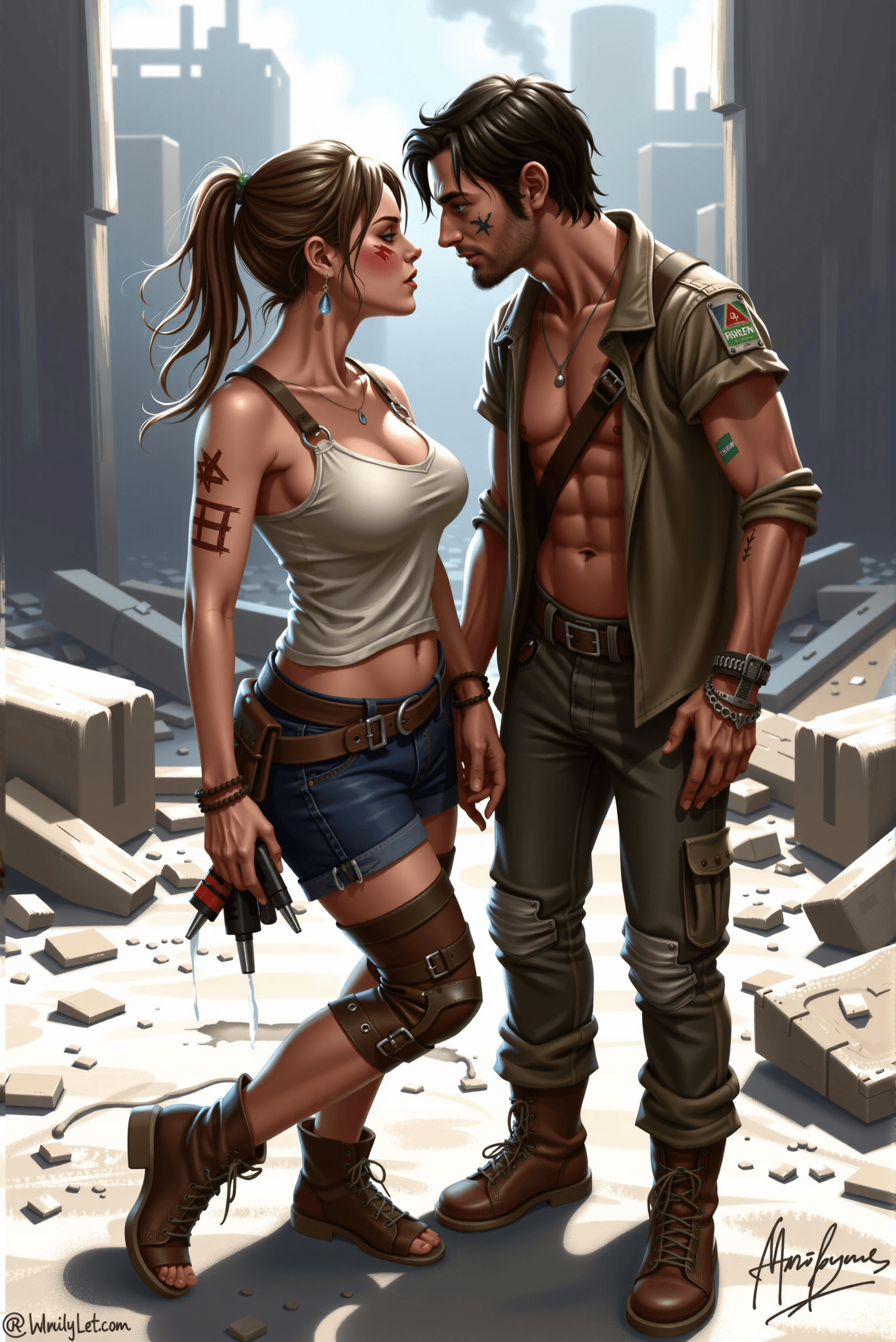AI generated: An R-rated digital painting. Two survivors, scarred and clad in rugged, pieced-together attire, find...