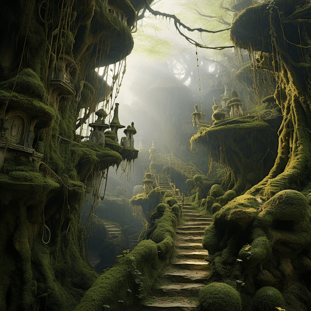 AI generated: green moss in the forest, in the style of matthias grünewald, organic form, kazimierz dąbrowski, sve...