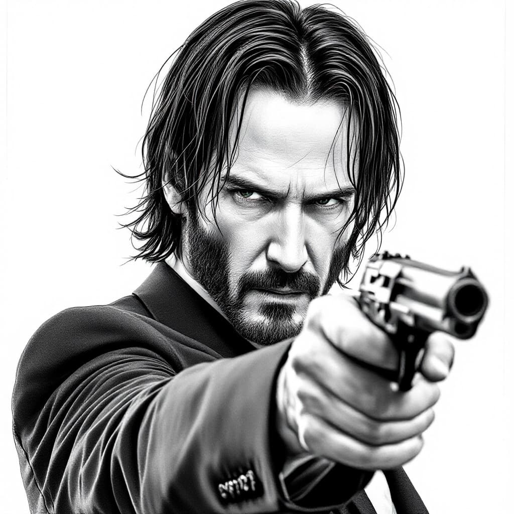 AI generated: Keanu Reeves as John Wick in the style of a pencil sketch drawing, action pose with gun drawn and re...