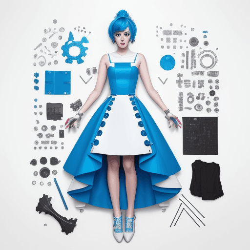 AI generated: Description with knolling parts,stylish singer with color pop, musical instrument Full body,deepblue...