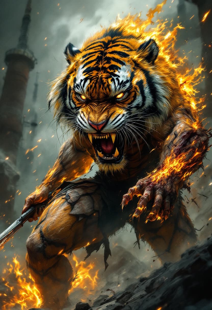 AI generated: Yellow, Orange, Dark Brown Tiger With Human Body, Bodybuilding Athlete Figure, Powerful Muscles, Str...