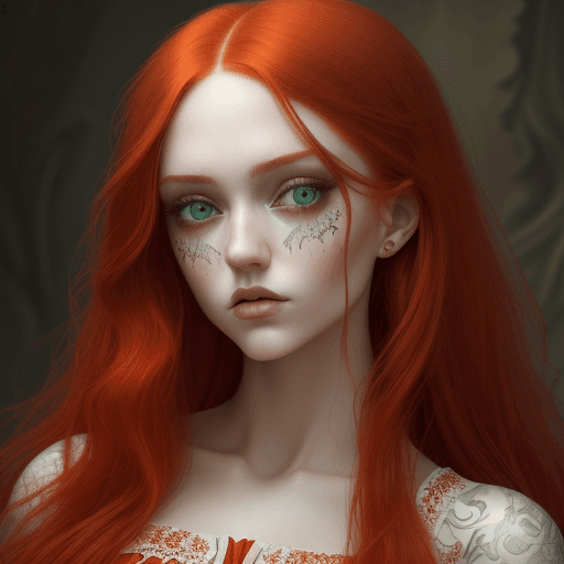 AI generated: a young woman with long red hair in blouse, in the style of light emerald and dark beige, pop inspo,...