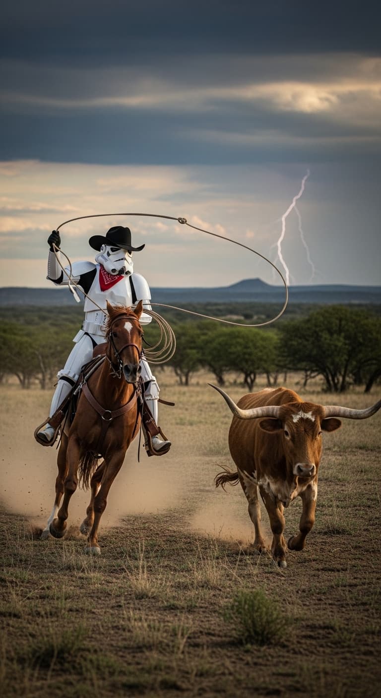 AI generated: a stormtrooper in texas wearing a black hat and a red bandana around their neck, lasso a cow while r...