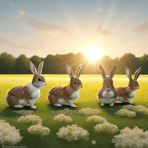 AI generated: five small brown photo-realistic rabbits on a green field with lots of white flowers, sun from behin...
