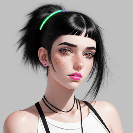 AI generated: Generate a hyper-realistic portrait of a beautiful white girl with neon black hair, light freckles, ...