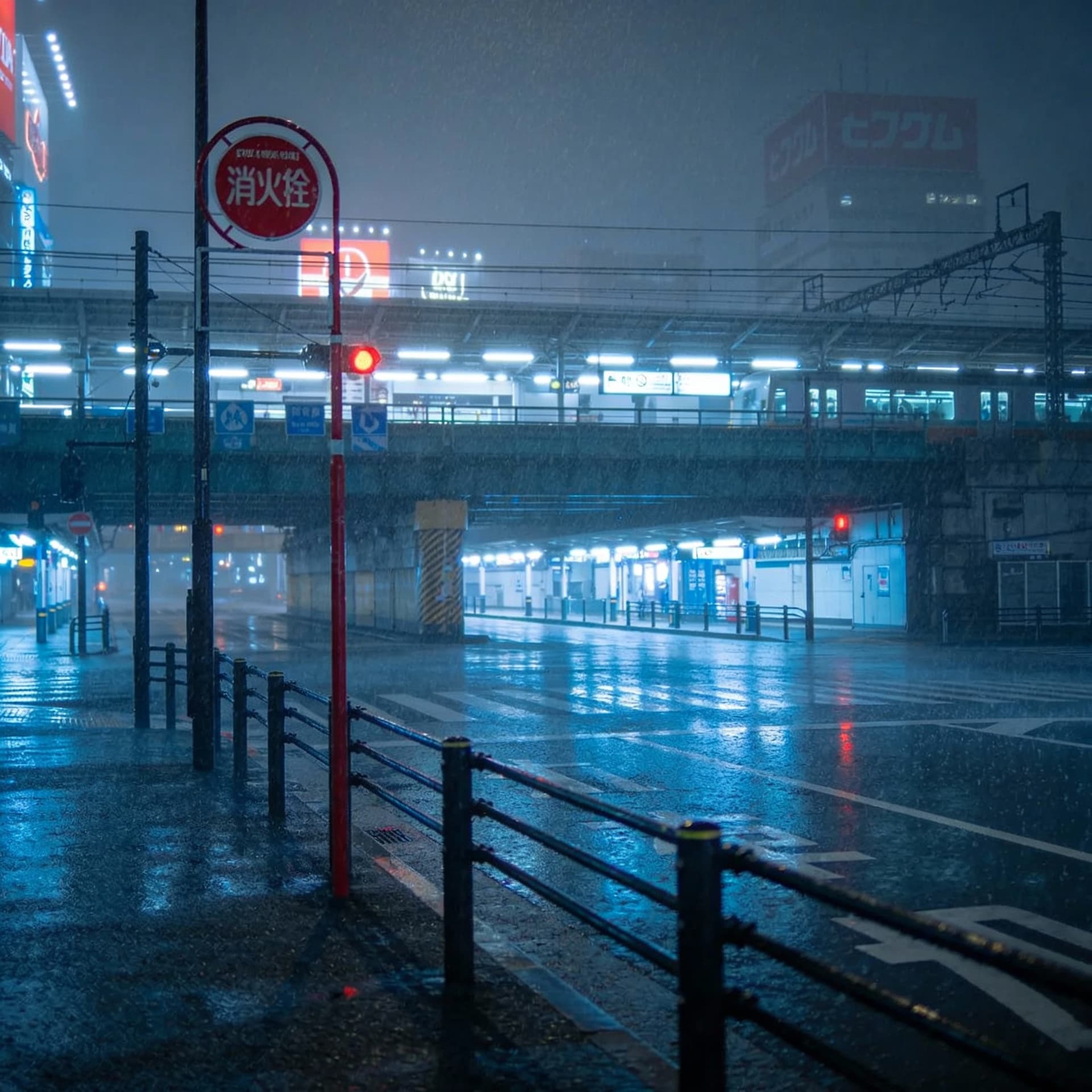 AI generated: Station in Shibuya. Low blue lights. Empty streets. Grey sky. Rain. Red street signs.