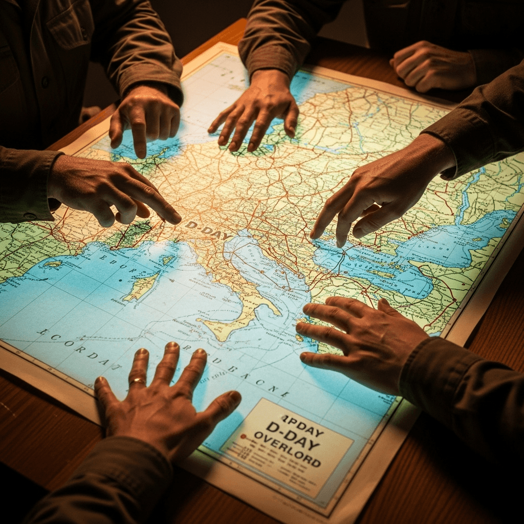AI generated: A weathered D-Day map glowing from tabletop, hands pointing across battle routes"