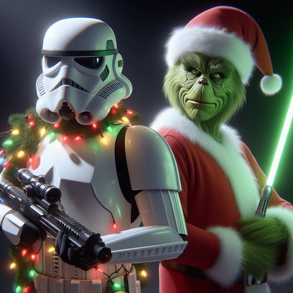 AI generated: A festive photorealistic image of a Stormtrooper in white armor with Christmas lights around his bod...