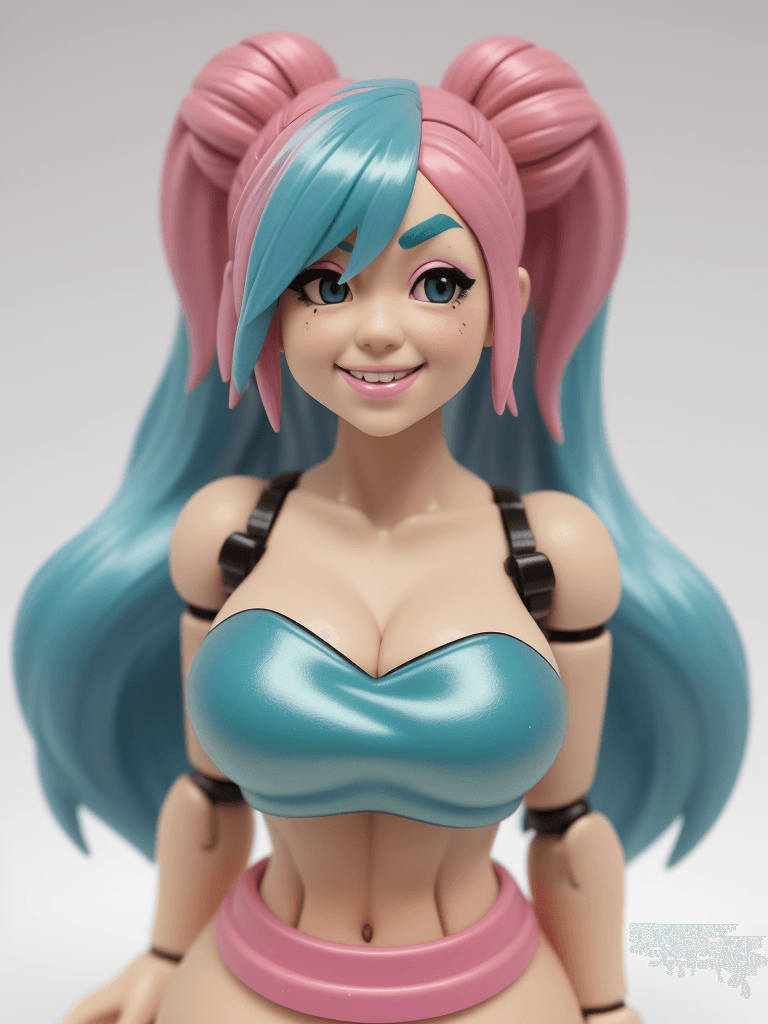 AI generated: (action figure) of a quirky girl with teal hair and pink highlights, (("Michelle Phan")), thick eyeb...
