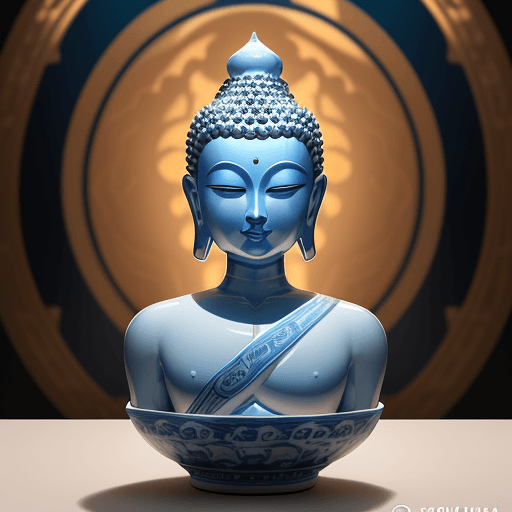 AI generated: A detailed image of a Buddha shiny blue and white porcelain Qinghua, , the photograph is captured du...