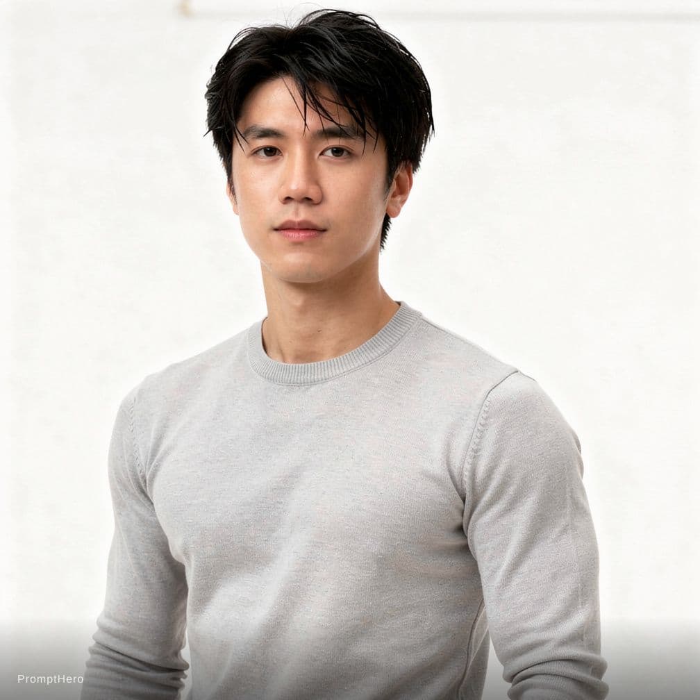 AI generated: photo，3. 5mm，handsome chinese boy, 24years old，weater, white background, muscle，college boy，no cloth...