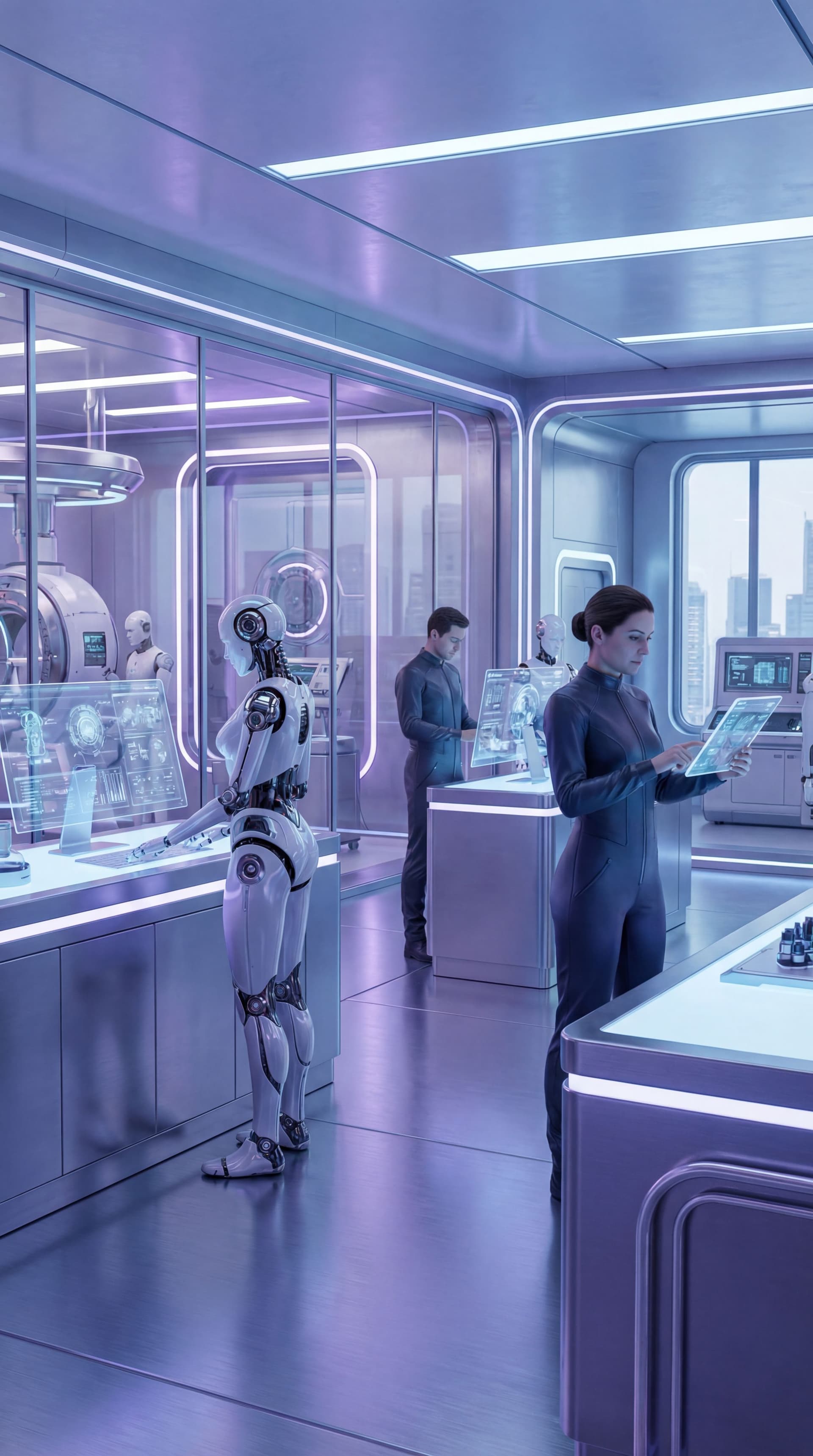AI generated: 2026 advanced technology concept, humanoid AI robots working alongside humans, holographic screens f...