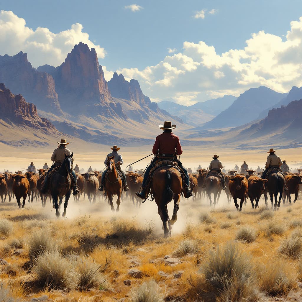 AI generated: A classic Wild West scene featuring cowboys on horseback herding cattle across the open plains, with...