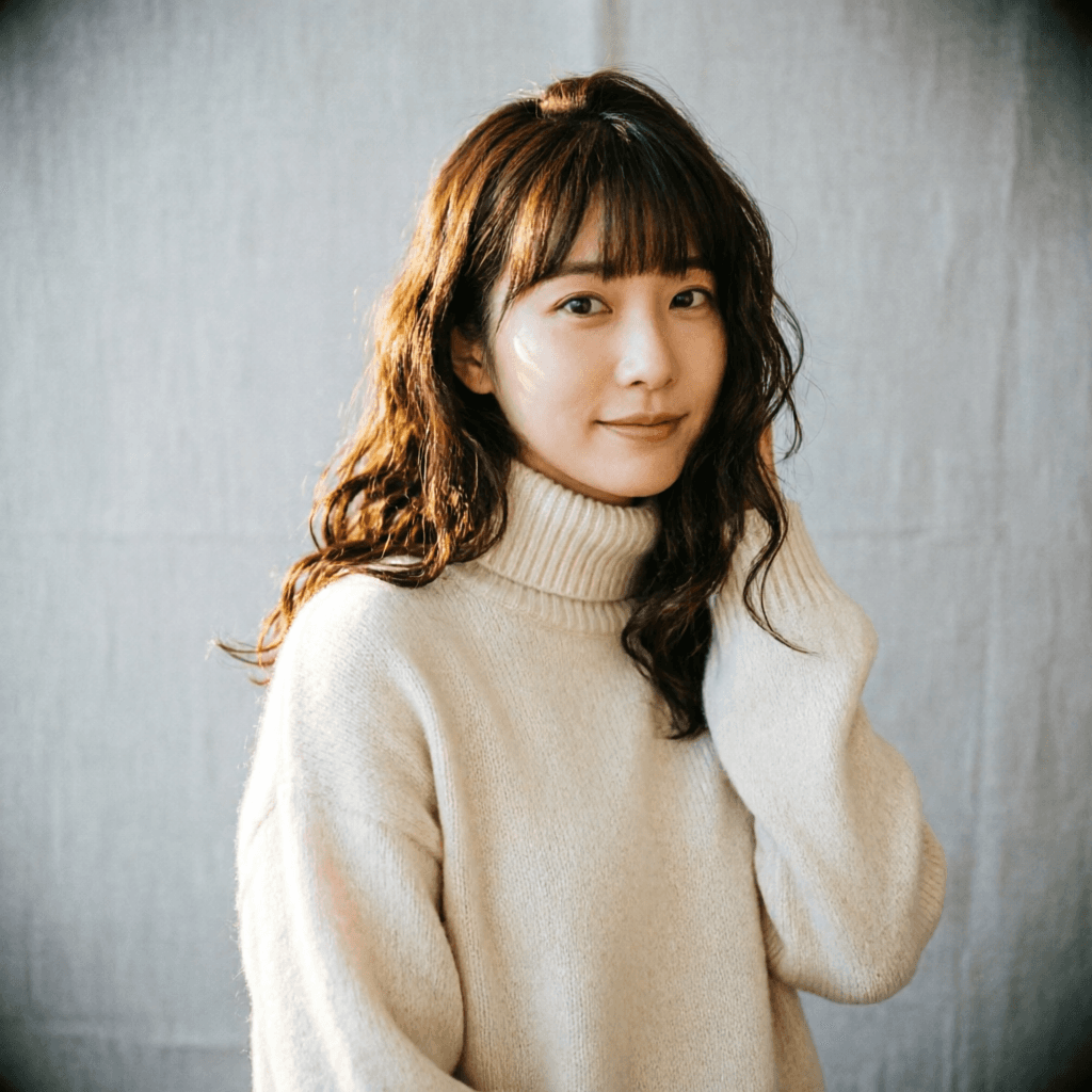 AI generated: Photograph of a woman with long hair, bangs, and a white sweater, medium-length hair, natural lighti...