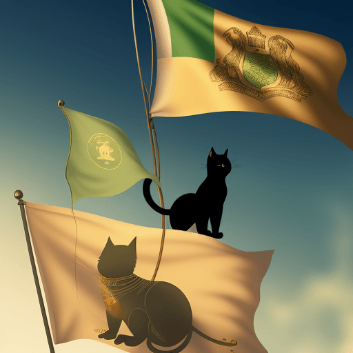 AI generated: a beautiful waving flag in the wind. On the green flag, the inscription on it shows the silhouette o...
