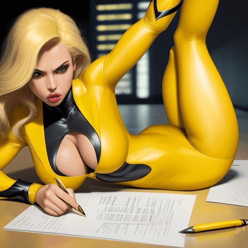 AI generated: Superheroine, tight suit, big lips, dazed, yellow suit, blonde hair, picking up a pen from the floor...