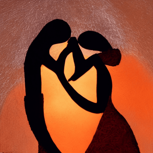 AI generated: Two lovers intertwined in a passionate embrace, their silhouettes illuminated by a warm, orange glow...
