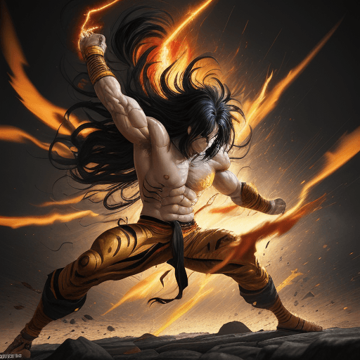 AI generated: "painterly style, Yamcha fighting at war, raging, black long hair, character design, body is adorned...