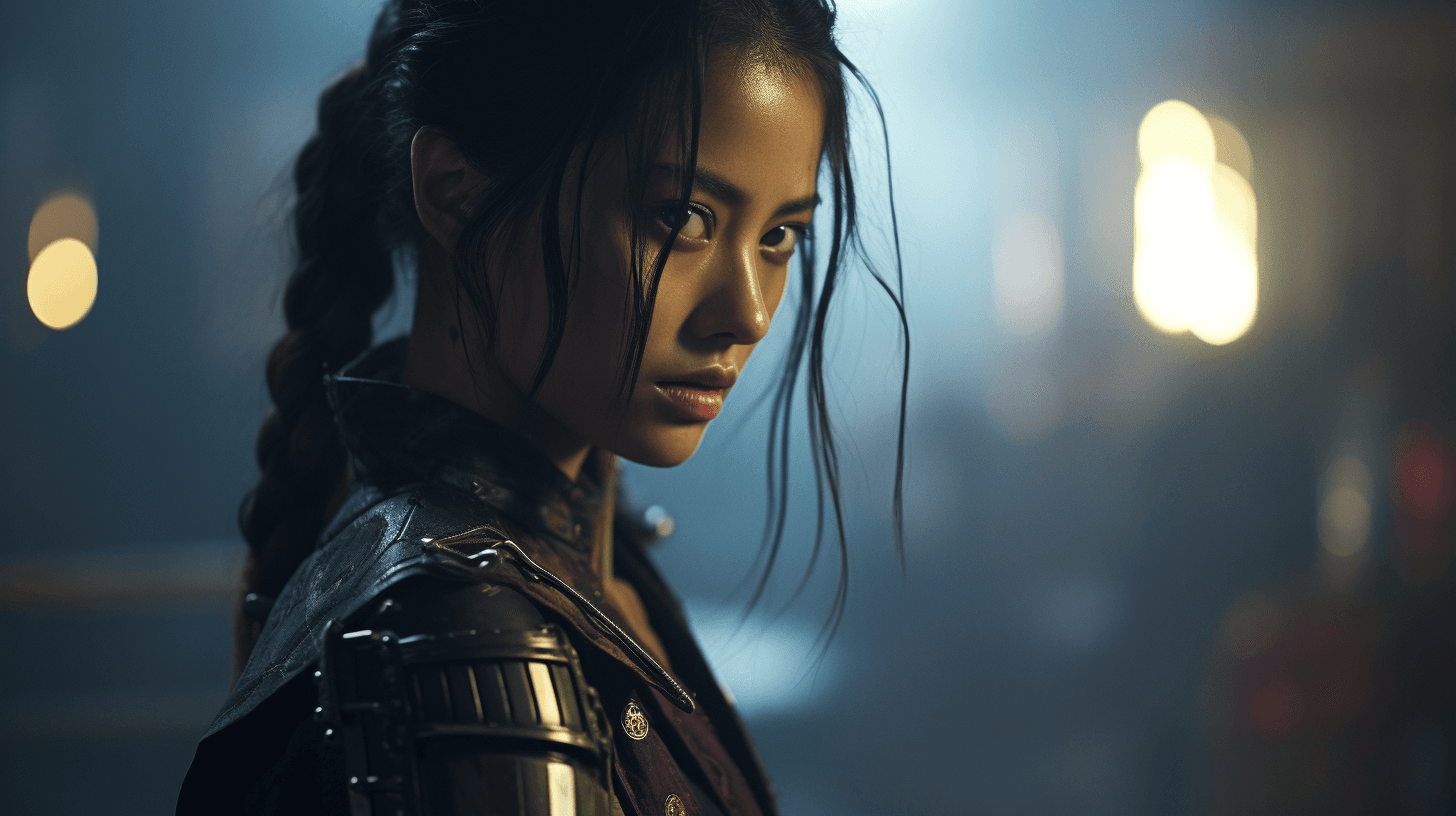 AI generated: Sonoya Mizuno as a cyberpunk samurai, SIGMA 85 mm F/1.4. cinematic lighting, dramatic lighting, cine...
