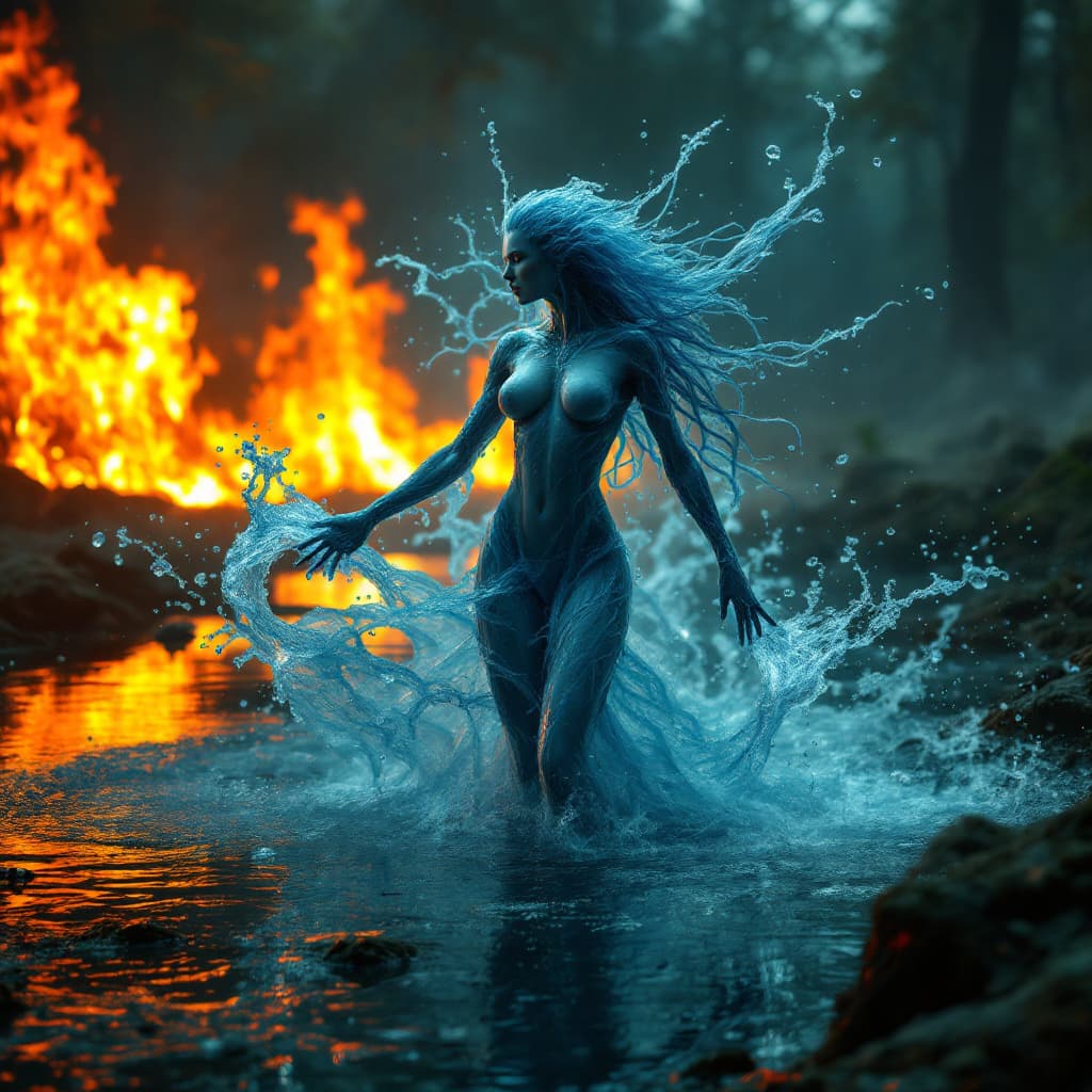 AI generated: female elemental being, queen of water, full body, realistic water hair, water skin, body half water...