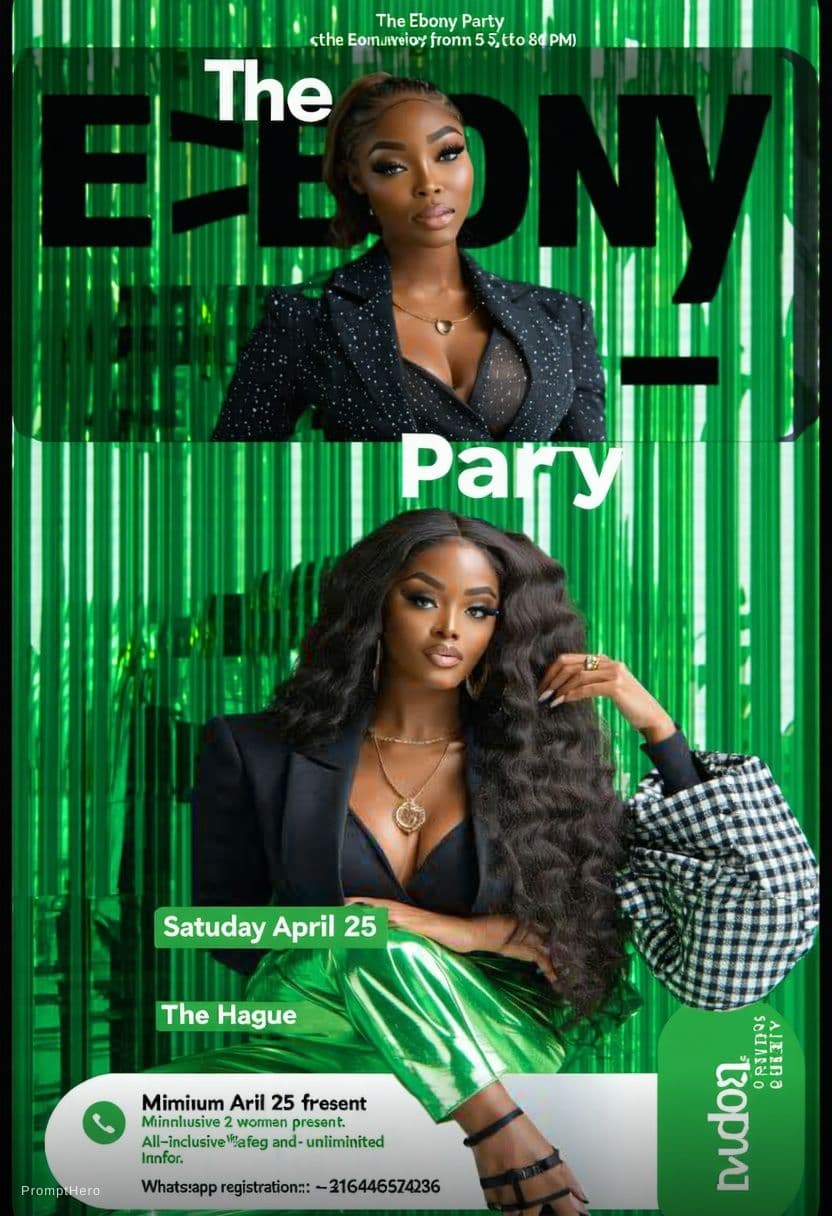AI generated: Genereer een flyer voor 'The Ebony Gangbang Party ' met daarop 2 sexy ebony dames. Geef vervolgens d...