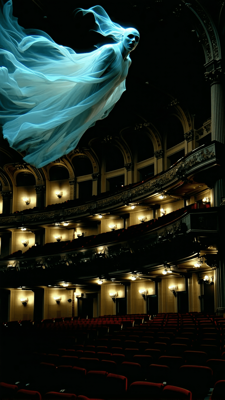 AI generated: Ghost of Opera flying on the opera hall,scary scene,low lighting,glowing elements,time-lapse photogr...