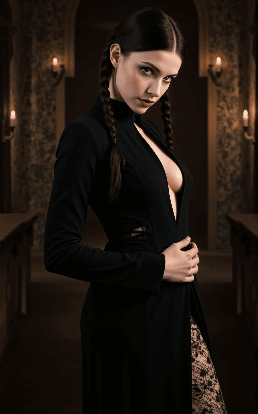 AI generated: Wednesday Addams is depicted in a stunning, gothic deep plunging dress that features a high slit and...