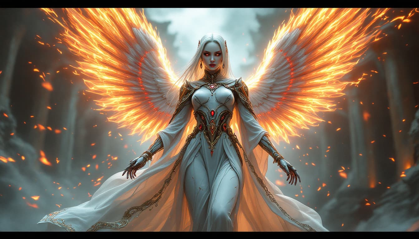 AI generated: futuristic, Lovecraftian women robot angel, fire wings, floating, white robe, red accents, flames un...