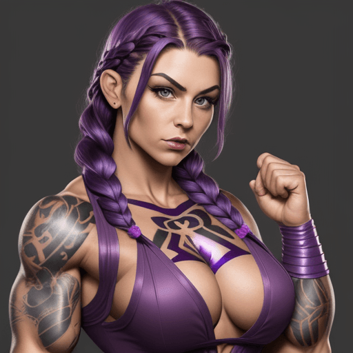 AI generated: muscular woman, tattoos, purple braided hair, superhero outfit, cleavage