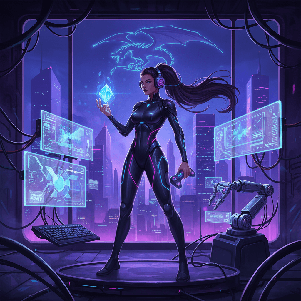 AI generated: A vibrant, cyberpunk-style art illustration of a confident woman in a sleek, black armored bodysuit ...