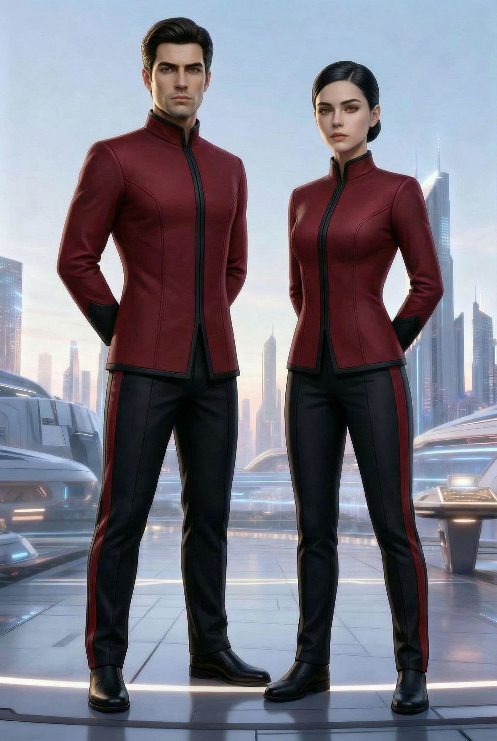 AI generated: Create a Sci-Fi uniform. Use the reference image and turn all blue to red. The color of the uniform ...