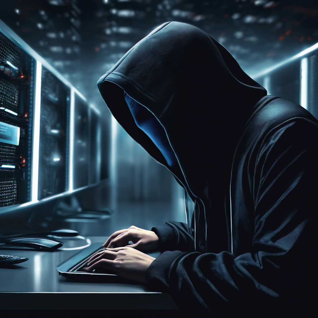 AI generated: intelligent hacker typing, with a hoodie on covering head and obscuring face, in a futuristic data c...