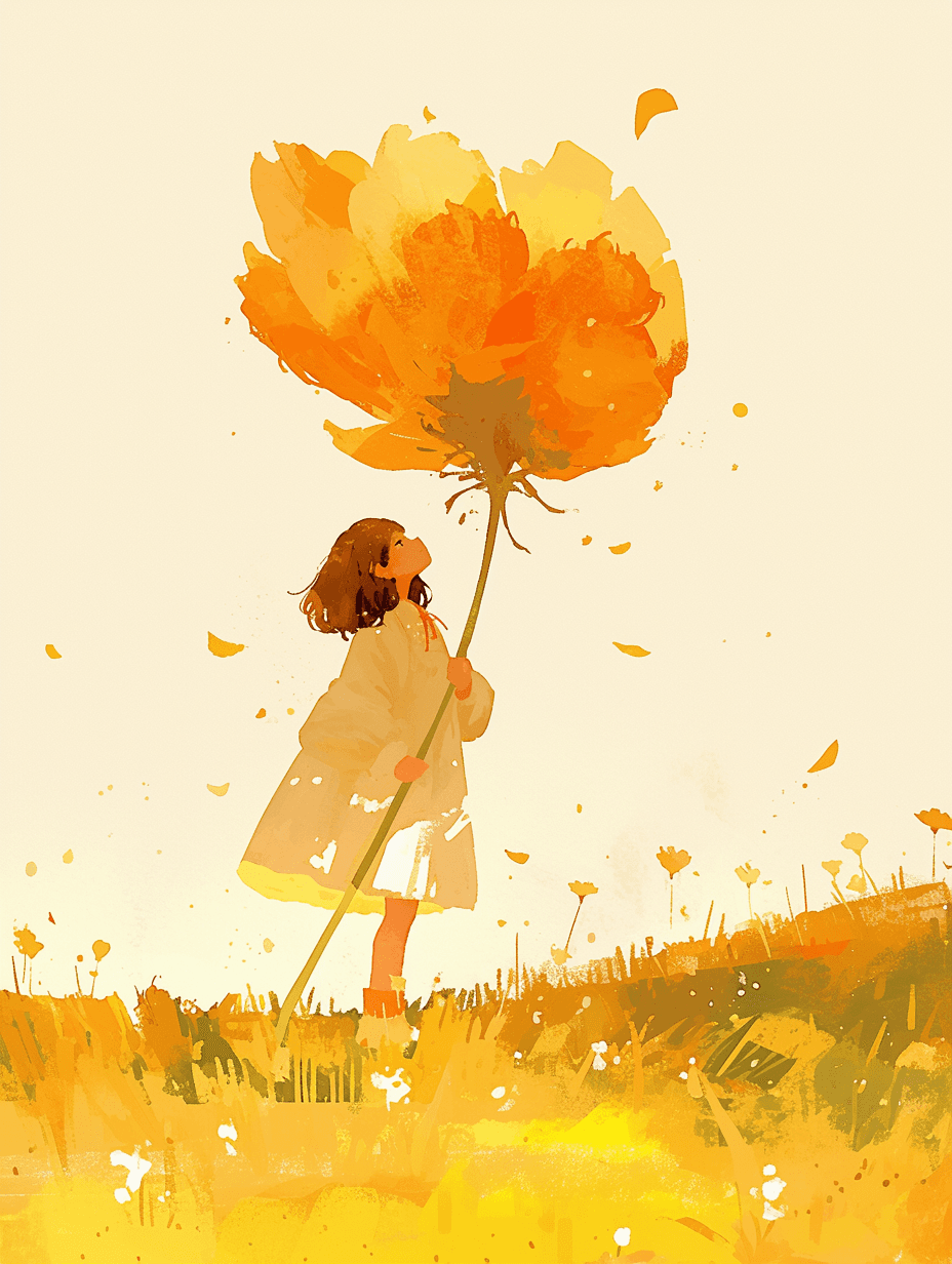 AI generated: A girl holding a huge flower, micro art, girl standing in the autumn field basking in the sun, autum...