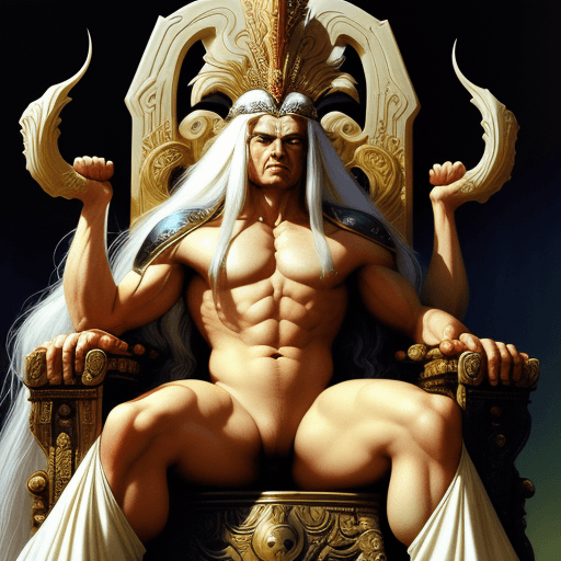 AI generated: A emperor with long white hair sits on his throne in the style of Frank Frazetta and Boris Vallejo. ...