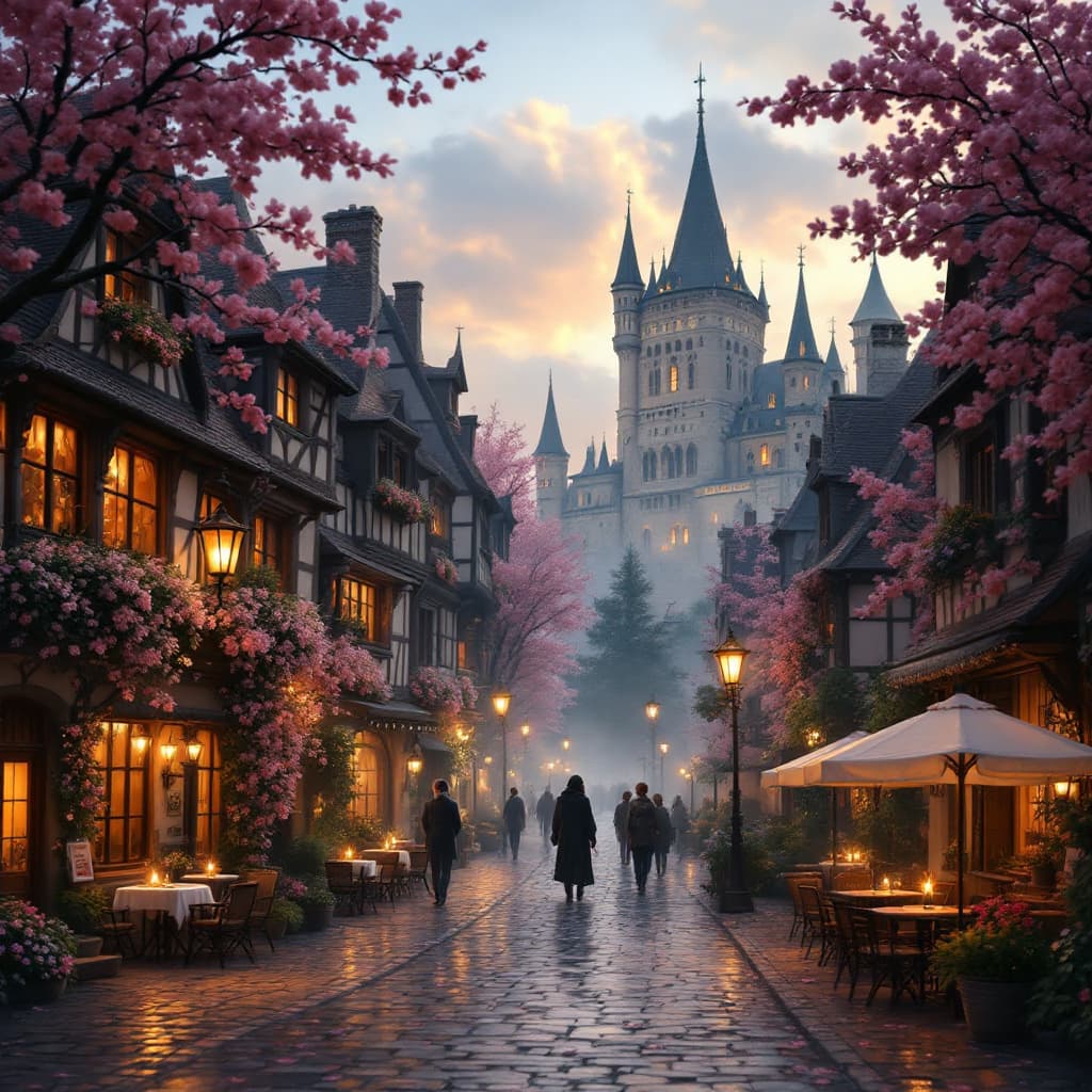 AI generated: Ein malerisches Kopfsteinpflastergässchen in einer mittelalterlich inspirierten Stadt bei Dämmerung....