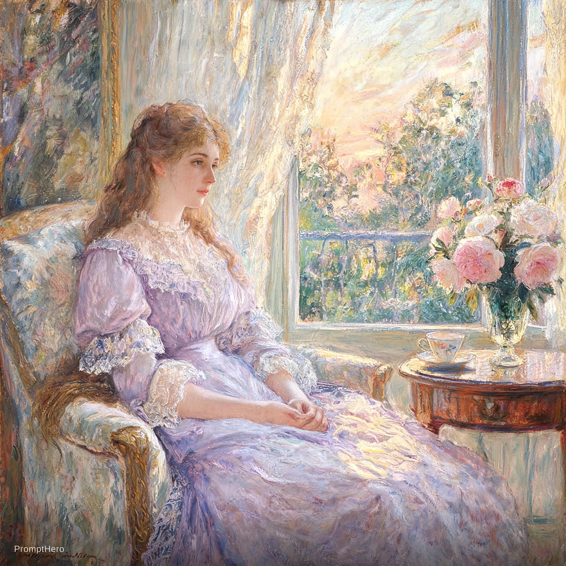 AI generated: a masterpiece oil painting of a beautiful woman sitting by a window, in the style of richly detailed...