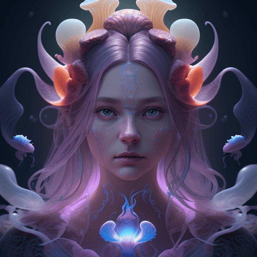AI generated: Goddess close-up portrait ribcagel. jellyfish phoenix head, nautilus, orchid, skull, betta fish, bio...